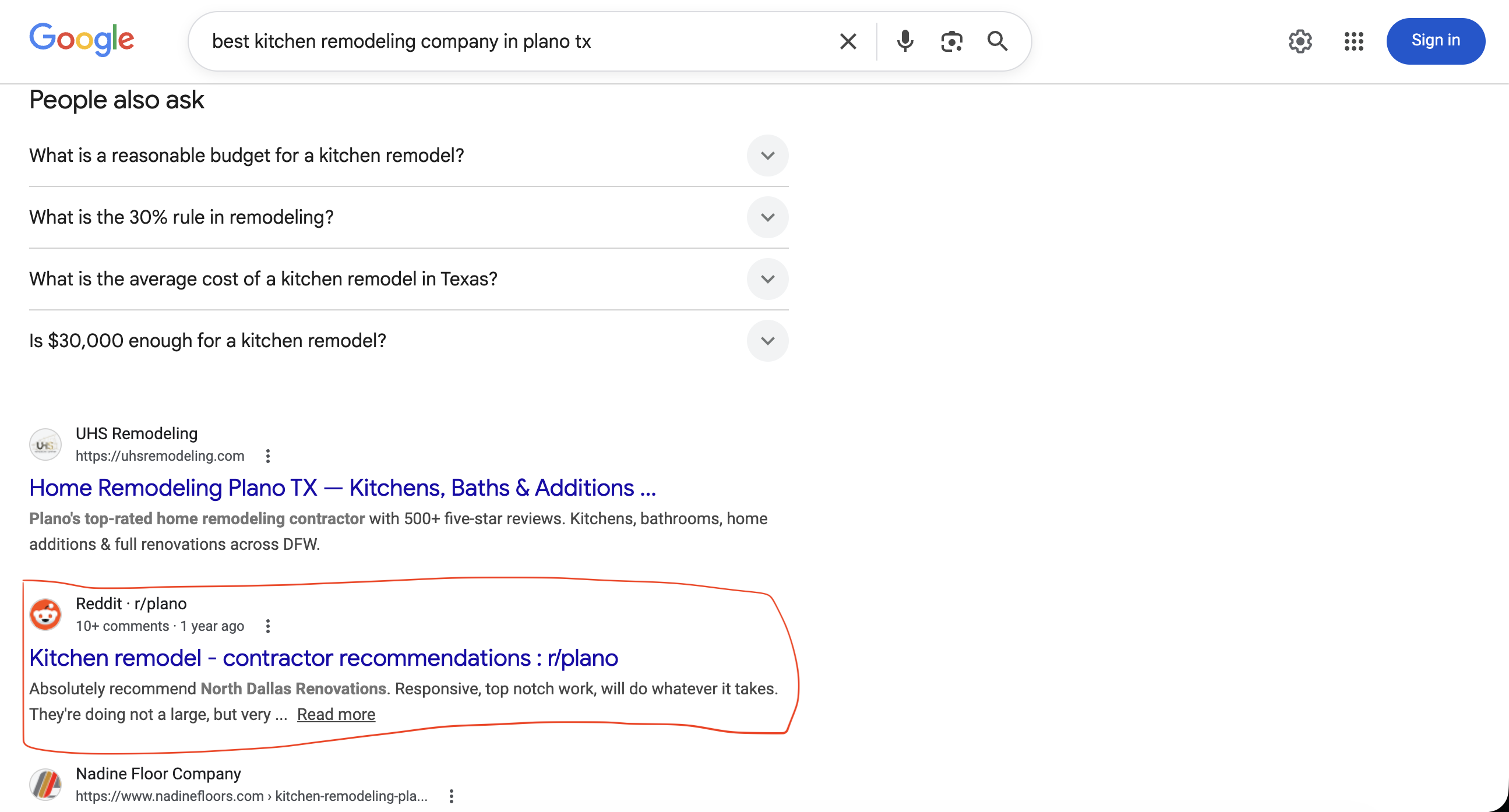 Search Engine Results Page showing Reddit dominance